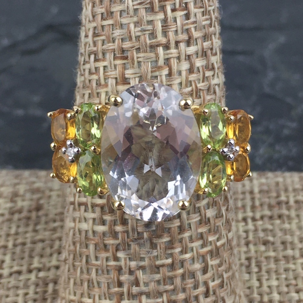 10K Gold White Topaz , Citrine & Peridot Ring 8